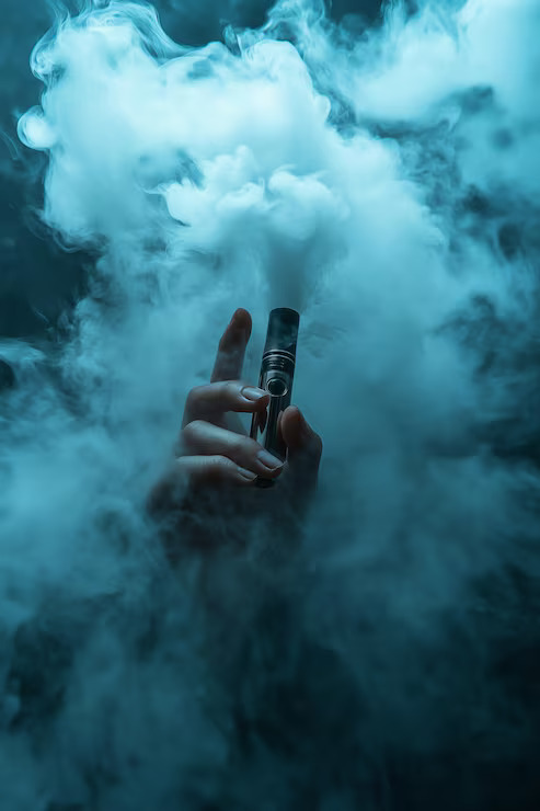 Hand holding vape with vapor